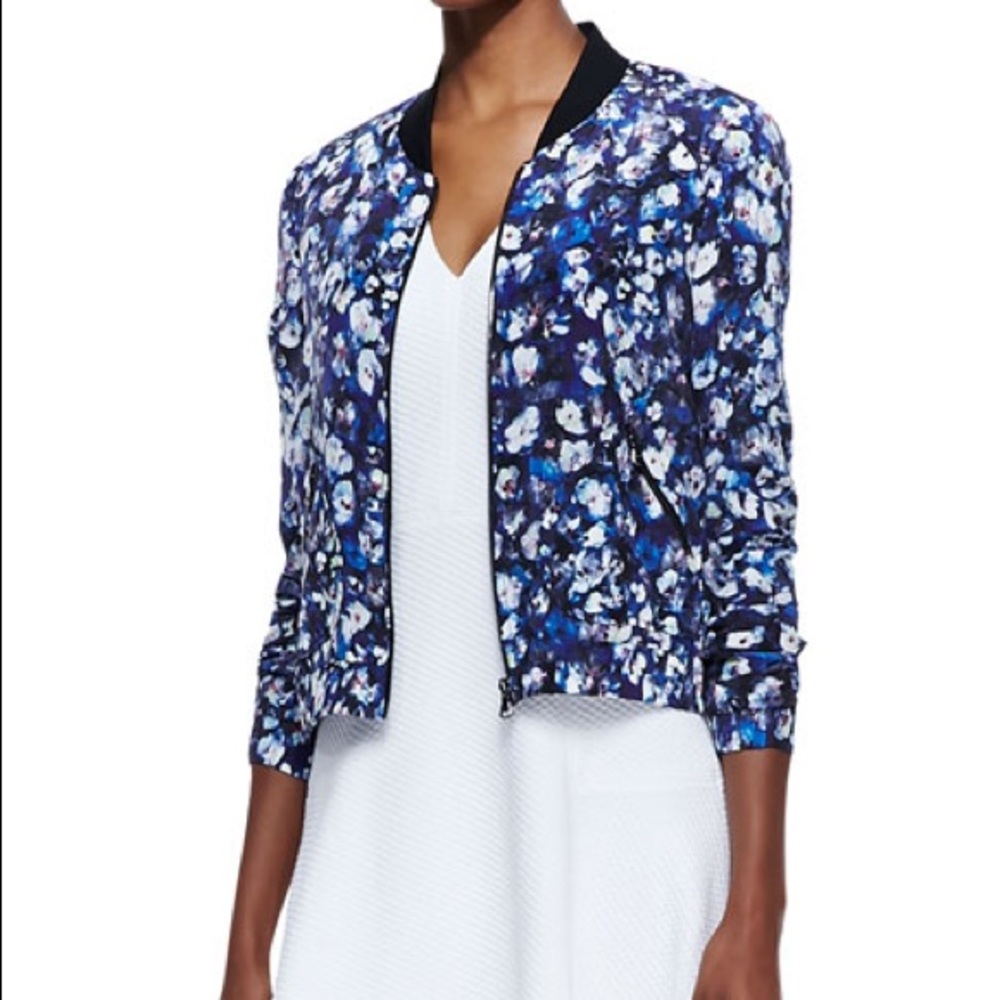 Rebecca Taylor Floral Bomber Jacket Silk Blue XS 0